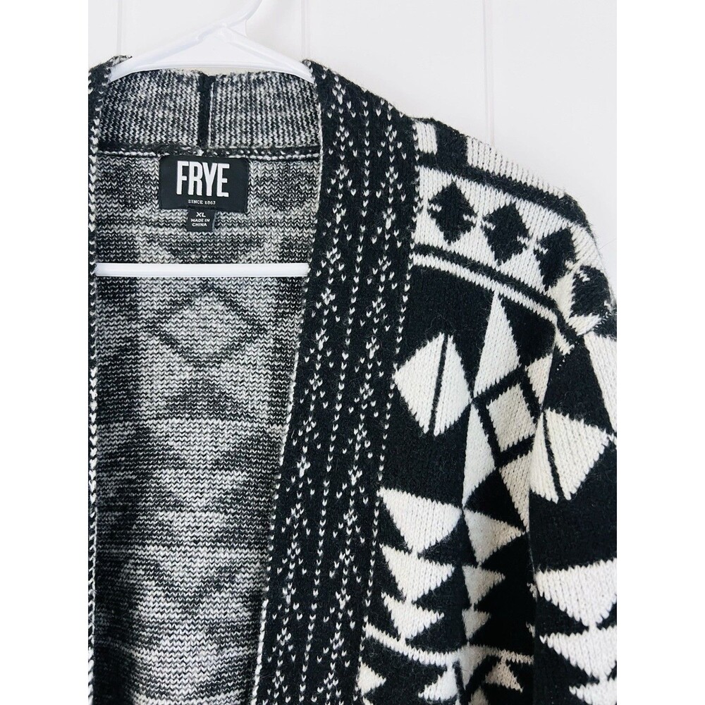 Frye Black White Geometric Jacquard Open Front Cardigan Sweater Aztec Boho XL - Picture 2 of 8